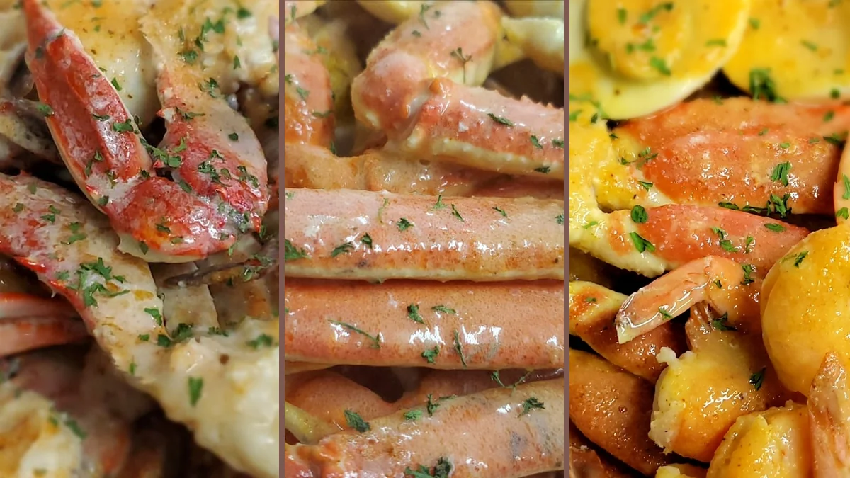 Seafood dishes arranged on a restaurant table.