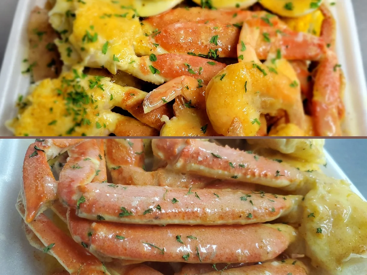 Seafood dishes arranged on a restaurant table.