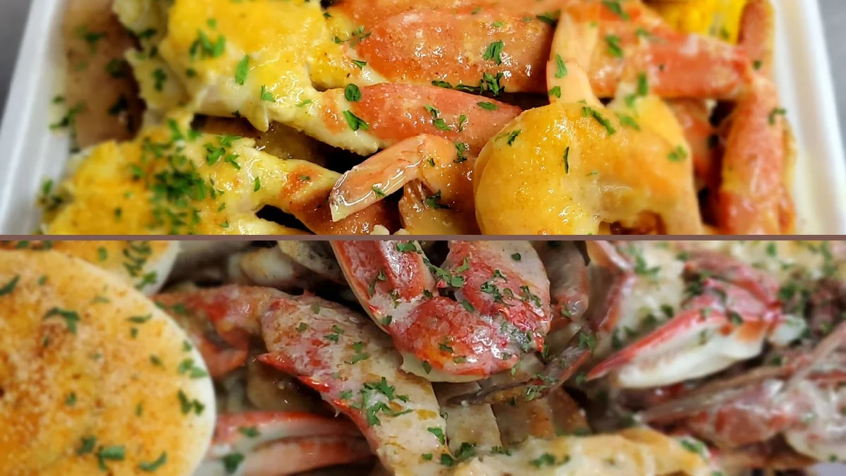 Crab legs served with garlic butter.