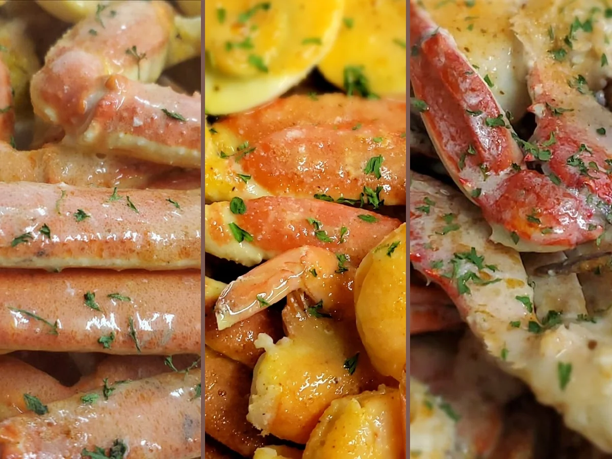 Crab legs served with garlic butter.