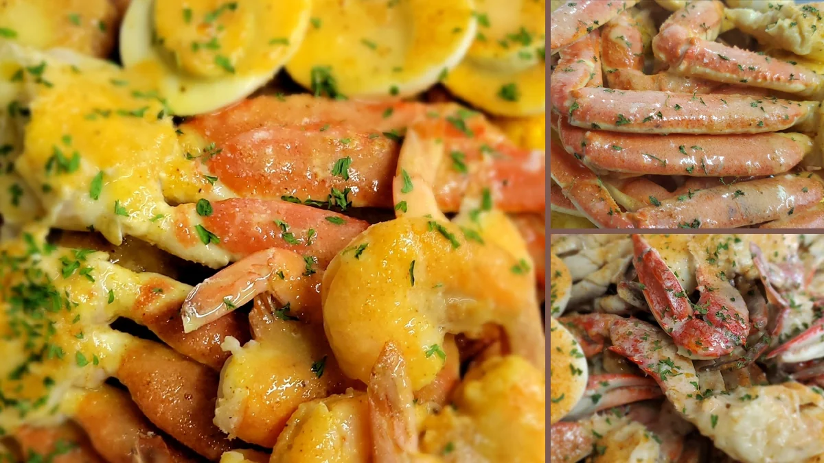 Close-up of a hearty seafood meal.