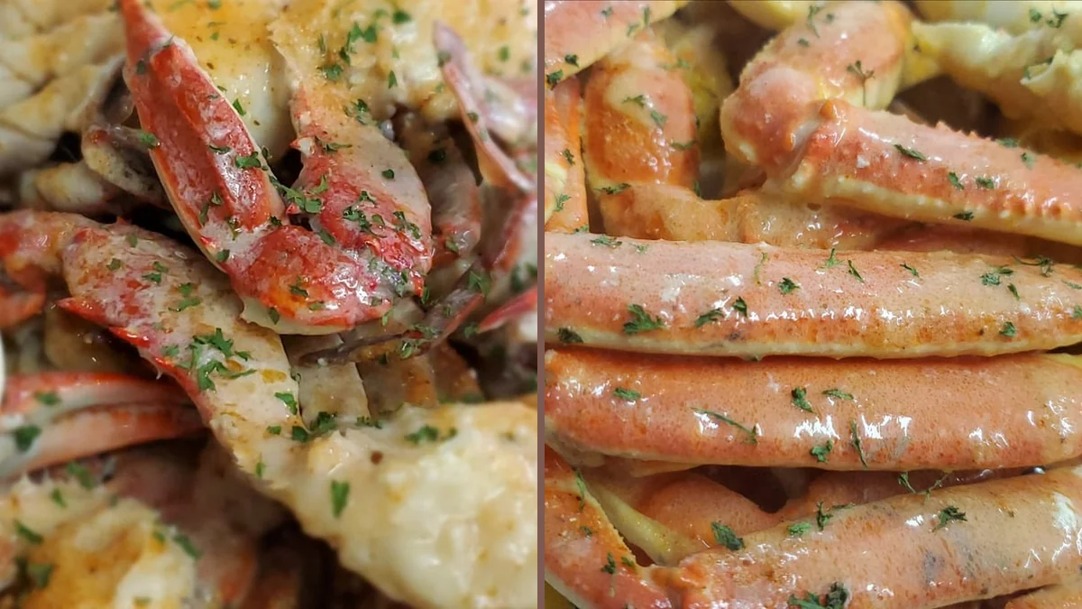 Seafood dishes arranged on a restaurant table.