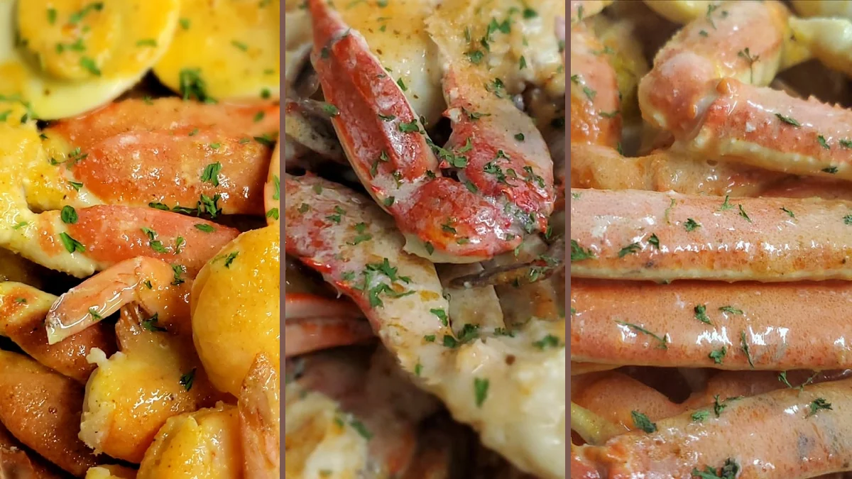 Close-up of a hearty seafood meal.