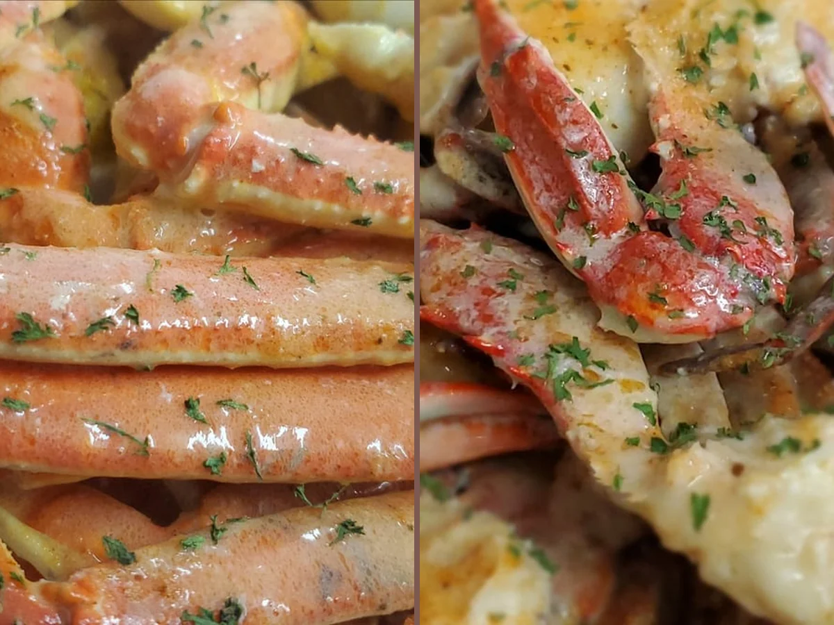Seafood dishes arranged on a restaurant table.